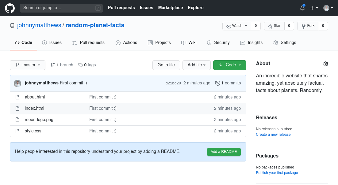 A GitHub repository showing an index.html file, a style.css file, and an image file.