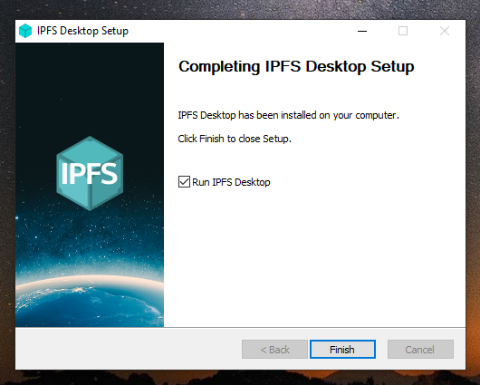 The IPFS Desktop installation finished window.